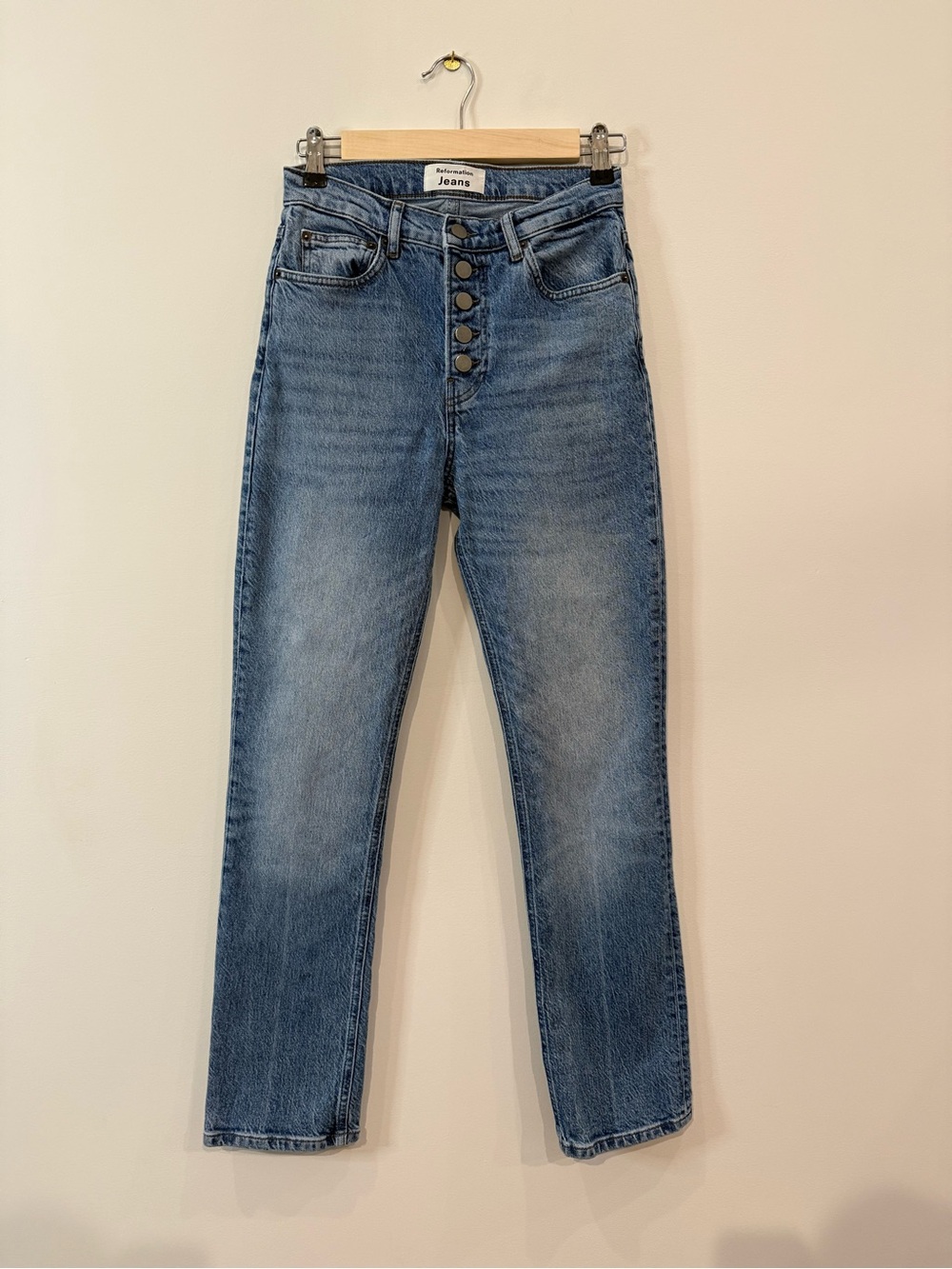 Reformation High-Rise Straight Leg Button-Fly Jeans in Medium Blue - Size 25